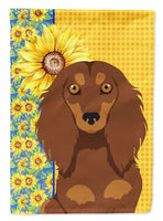Summer Sunflowers Longhair Chocolate and Tan Dachshund Flag Garden Size