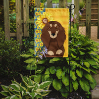 Summer Sunflowers Longhair Chocolate and Cream Dachshund Flag Garden Size