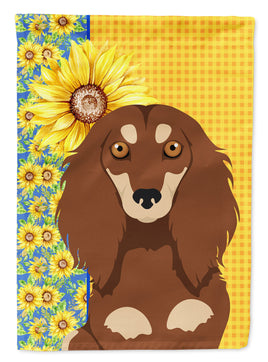Summer Sunflowers Longhair Chocolate and Cream Dachshund Flag Garden Size