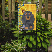 Summer Sunflowers Longhair Blue and Tan Dachshund Flag Garden Size
