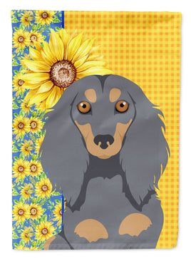 Summer Sunflowers Longhair Blue and Tan Dachshund Flag Garden Size