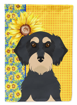 Summer Sunflowers Wirehair Black and Cream Dachshund Flag Garden Size