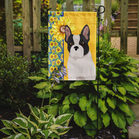 Summer Sunflowers Black and White French Bulldog Flag Garden Size