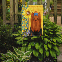 Summer Sunflowers Black and Tan Full Coat Yorkshire Terrier Flag Garden Size