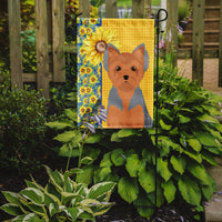 Summer Sunflowers Blue and Tan Puppy Cut Yorkshire Terrier Flag Garden Size