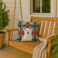 White Akita Christmas PoinsettIas Throw Pillow