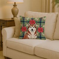 Red and White Alaskan Malamute Christmas Poinsettas Throw Pillow
