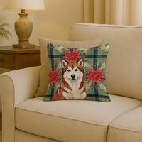 Red and White Alaskan Malamute Christmas Poinsettas Throw Pillow