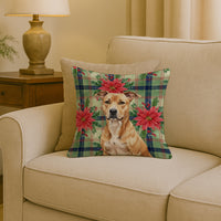 Fawn American Staffordshire Terrier Christmas PoinsettIas Throw Pillow