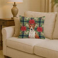 Red and White Basenji Christmas PoinsettIas Throw Pillow