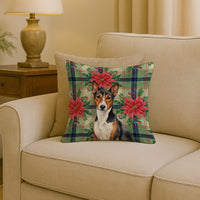 Tricolor and White Basenji Christmas PoinsettIas Throw Pillow