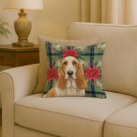 Lemon and White Basset Hound Christmas PoinsettIas Throw Pillow