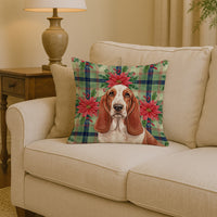 Red and White Basset Hound Christmas PoinsettIas Throw Pillow