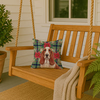 Red and White Basset Hound Christmas PoinsettIas Throw Pillow