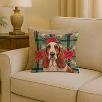 Red and White Basset Hound Christmas PoinsettIas Throw Pillow