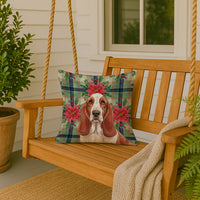 Red and White Basset Hound Christmas PoinsettIas Throw Pillow
