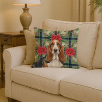 Tricolor and White Basset Hound Christmas PoinsettIas Throw Pillow