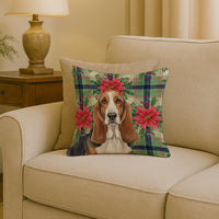 Tricolor and White Basset Hound Christmas PoinsettIas Throw Pillow