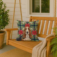 Tricolor and White Basset Hound Christmas PoinsettIas Throw Pillow
