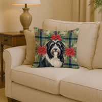 Black Bearded Collie Christmas PoinsettIas Throw Pillow