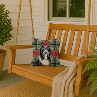 Black Bearded Collie Christmas PoinsettIas Throw Pillow