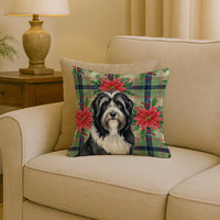 Black Bearded Collie Christmas PoinsettIas Throw Pillow