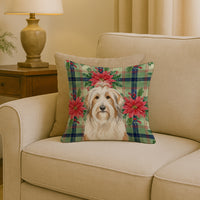 White and Tan Bearded Collie Christmas PoinsettIas Throw Pillow