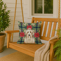 White and Tan Bearded Collie Christmas PoinsettIas Throw Pillow