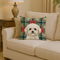 White and Cream Bichon Frise Christmas PoinsettIas Throw Pillow
