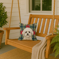 White and Cream Bichon Frise Christmas PoinsettIas Throw Pillow