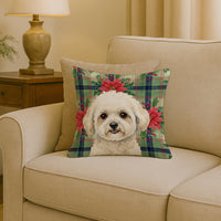White and Cream Bichon Frise Christmas PoinsettIas Throw Pillow