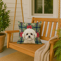 White and Cream Bichon Frise Christmas PoinsettIas Throw Pillow