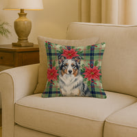 Blue Merle Border Collie Christmas PoinsettIas Throw Pillow