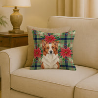 Red and White Border Collie Christmas PoinsettIas Throw Pillow