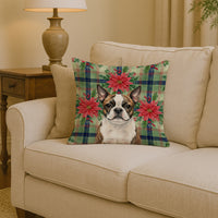 Brindle Boston Terrier Christmas PoinsettIas Throw Pillow