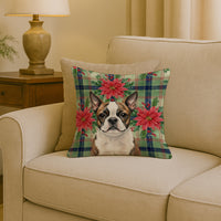 Brindle Boston Terrier Christmas PoinsettIas Throw Pillow