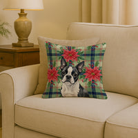 Boston Terrier Christmas PoinsettIas Throw Pillow