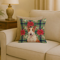 Red and White Bull Terrier Christmas PoinsettIas Throw Pillow
