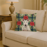 White Bull Terrier Christmas PoinsettIas Throw Pillow