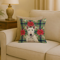 White Bull Terrier Christmas PoinsettIas Throw Pillow