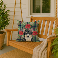 Black and White Cardigan Welsh Corgi Christmas PoinsettIas Throw Pillow