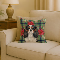 Tricolor Cavalier Spaniel Christmas PoinsettIas Throw Pillow
