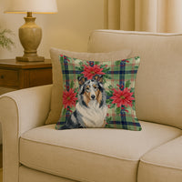 Blue Merle Collie Christmas PoinsettIas Throw Pillow