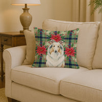 White Collie Christmas PoinsettIas Throw Pillow