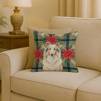 White Collie Christmas PoinsettIas Throw Pillow
