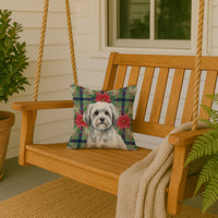 White with Gray Coton de Tulear Christmas PoinsettIas Throw Pillow