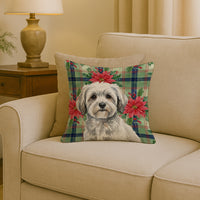 White with Gray Coton de Tulear Christmas PoinsettIas Throw Pillow