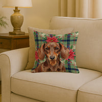 Chocolate and Tan Dachshund Christmas PoinsettIas Throw Pillow