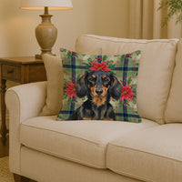 Longhaired Black and Tan Dachshund Christmas PoinsettIas Throw Pillow