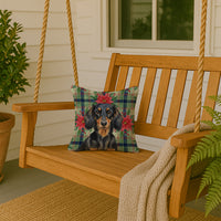 Longhaired Black and Tan Dachshund Christmas PoinsettIas Throw Pillow